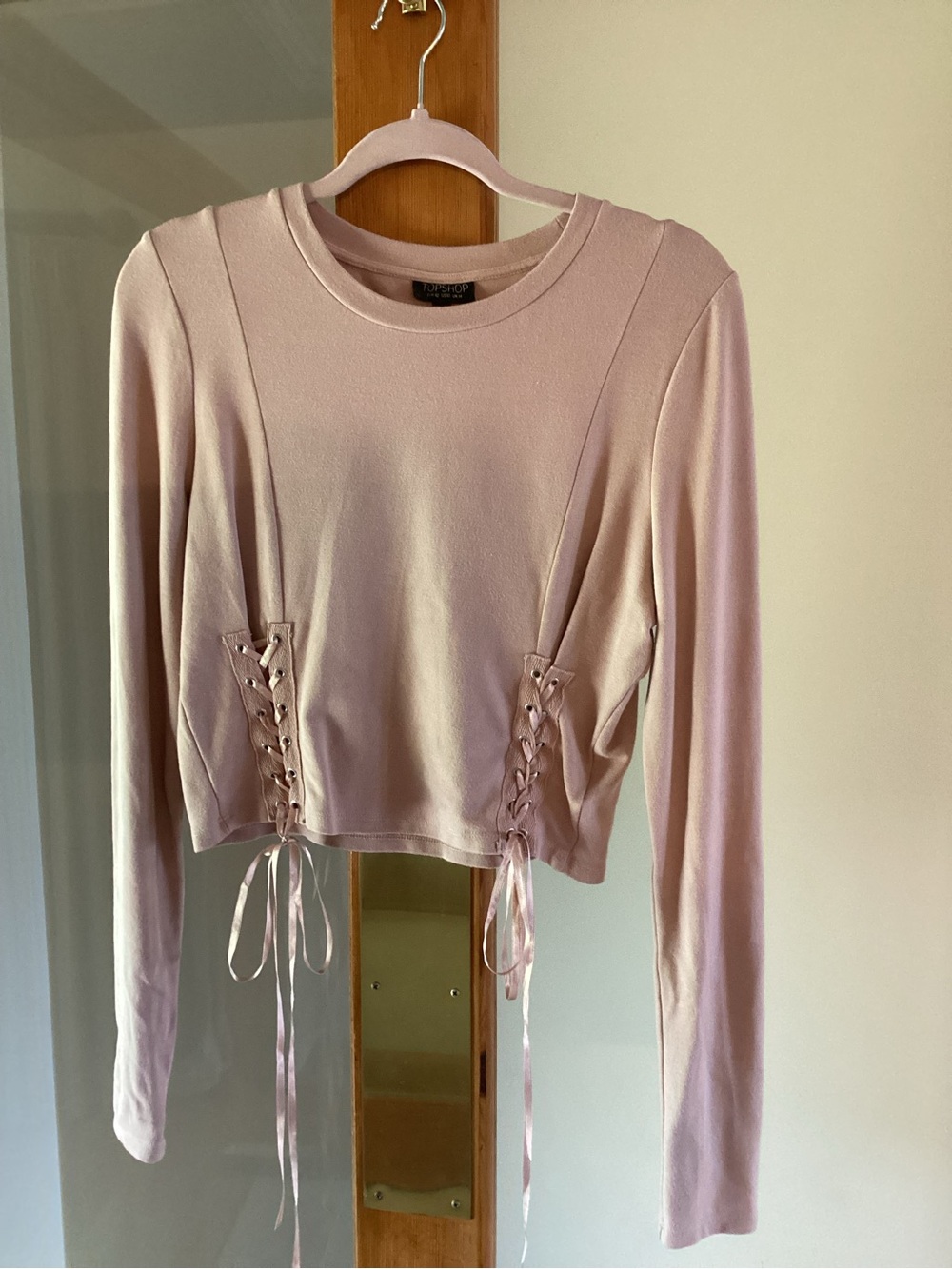 Topshop Blush Pink Cropped Long Sleeve Lace-Up Tee